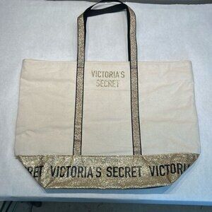 Victoria's Secret VS Canvas Tote Bag Metallic Glitter Gold Spellout Zip Top